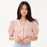 마론 퍼프숄더 체크블라우스